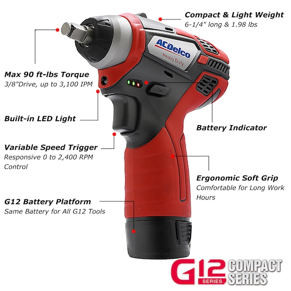 Acdelco G12 K13 Combo, 3/8" BLDC Ratchet & Impact Wrench, 3" Polisher - ARW12103-K13