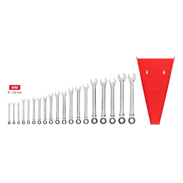 Tekton Ratcheting Combination Wrench Set, 19-Piece (6-24mm) - Rack - WRN53192