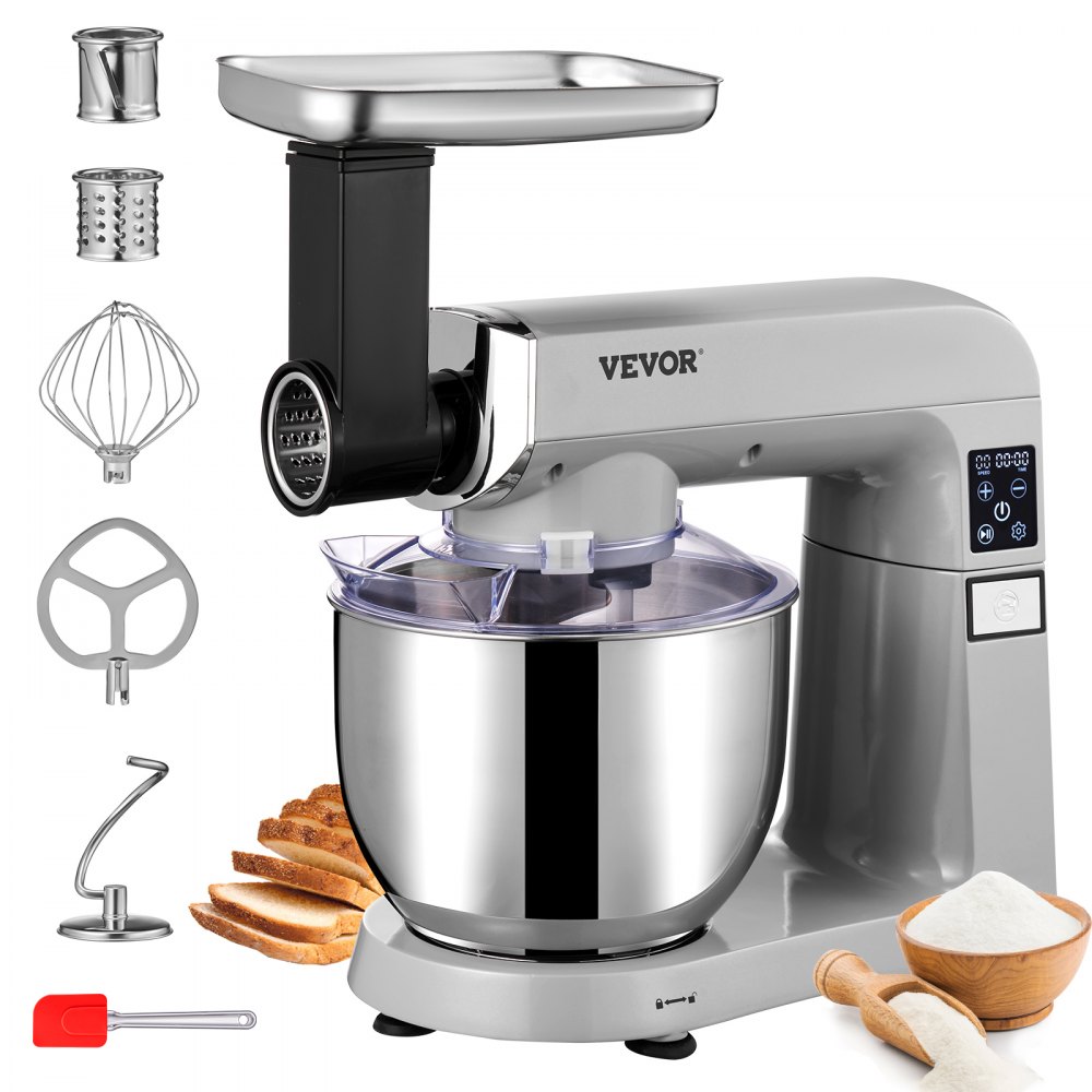 VEVOR 6 in 1 Stand Mixer, 450W Multifunctional Electric Mixer with Tilt-Head, 6 Speeds and LCD Screen Timing, 7.4Qt Stainless Bowl, Dough Hook, Flat Beater, Whisk, Scraper, Grinder, Stuffer, Slicer - ZRL7L450W110V113VV1
