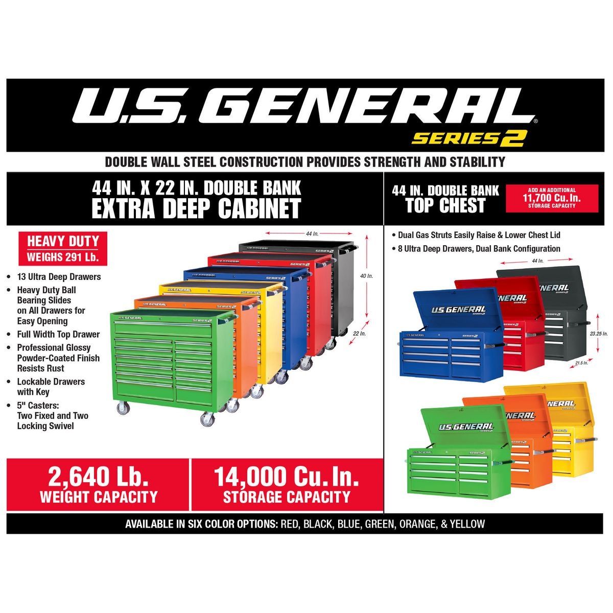 Gabinete rodante de doble banco de 44 pulgadas por 22 pulgadas de General U.S., color azul - 64446