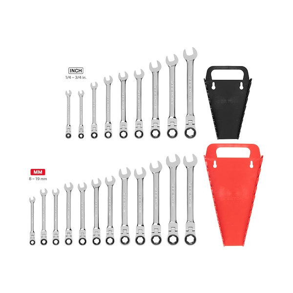 Tekton Flex Ratcheting Combination Wrench Set, 21-Piece (1/4-3/4", 8-19mm) - Holder - WRN57321