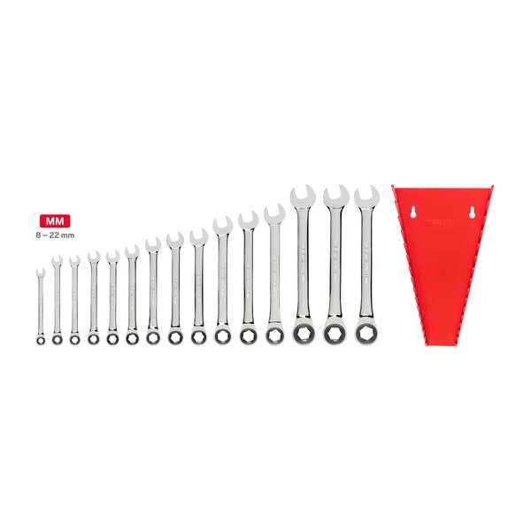 Tekton Ratcheting Combination Wrench Set, 15-Piece (8-22mm) - Rack - WRN53191