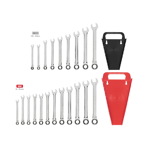 Tekton Ratcheting Combination Wrench Set, 21-Piece (1/4-3/4", 8-19mm) - Holder - WRN53321