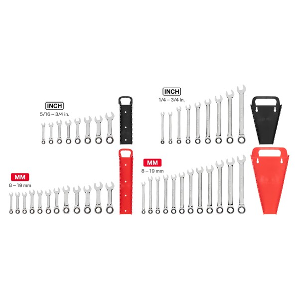 Tekton Stubby and Standard Length Ratcheting Wrench Set, 41-Piece (1/4-3/4", 8-19mm) - Holder - WRN53621