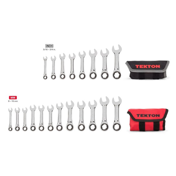 Tekton Stubby Ratcheting Combination Wrench Set, 20-Piece (5/16-3/4", 8-19mm) - Pouch - WRN50361