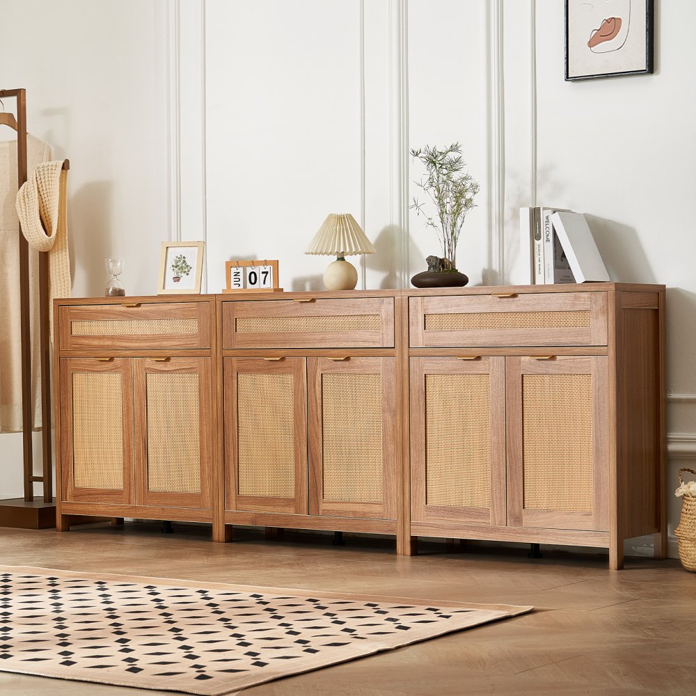 Rattan Cabinet with 6 Doors 3 Drawers Adjustable Shelves Set of 3 Natural - TBZSJLM90INCHJK3LV0