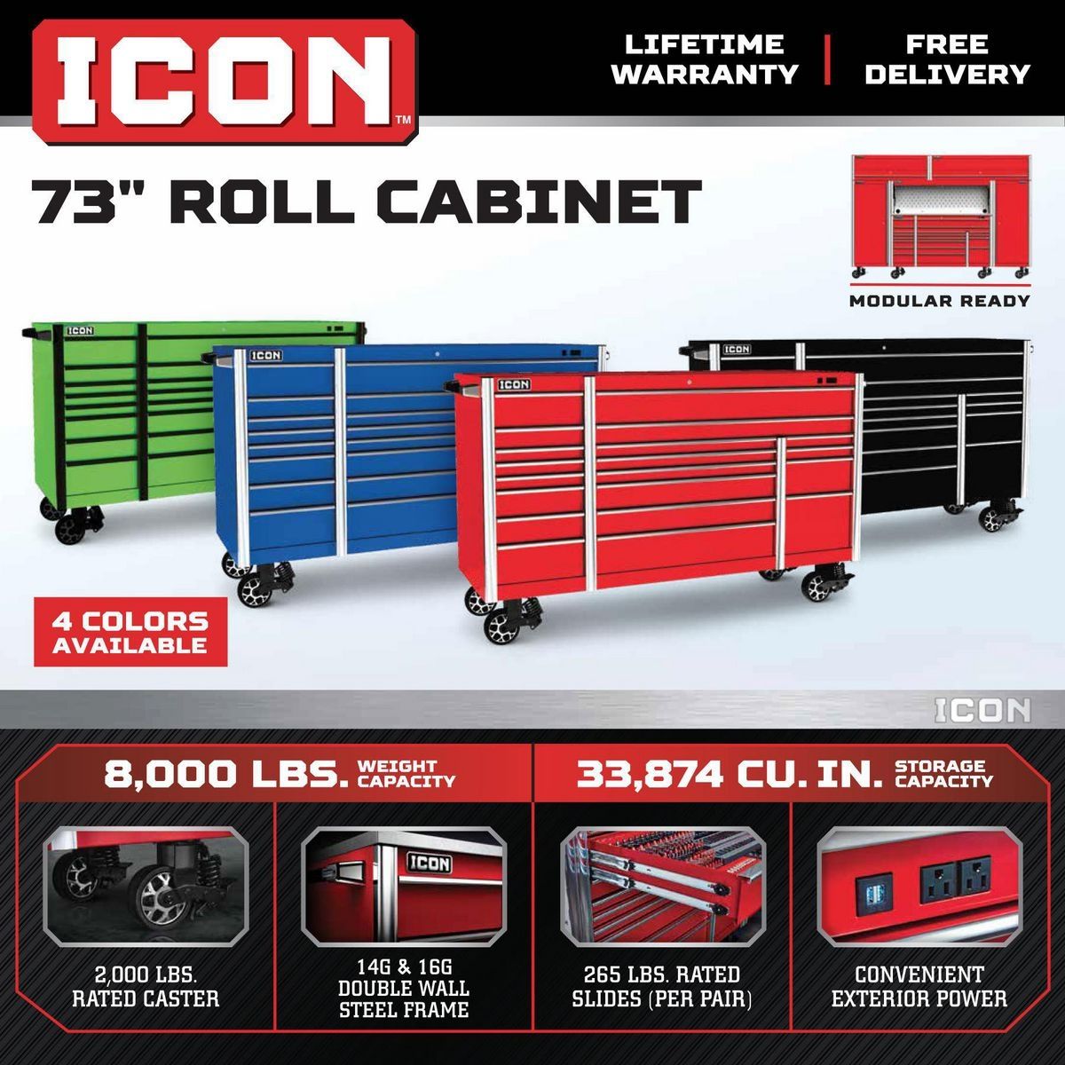 Icon 73 pulgadas x 25 pulgadas. Gabinete de rodillos profesional, azul - 56295.