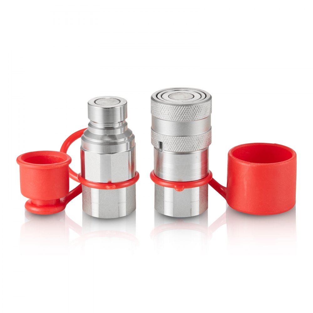 VEVOR 1/2" Flat Face Hydraulic Couplers, 1/2" NPT Skid Steer Hydraulic Quick Connect Couplers with 2 Dust Caps (ISO16028) - YYKSJTISO1605BND4V0
