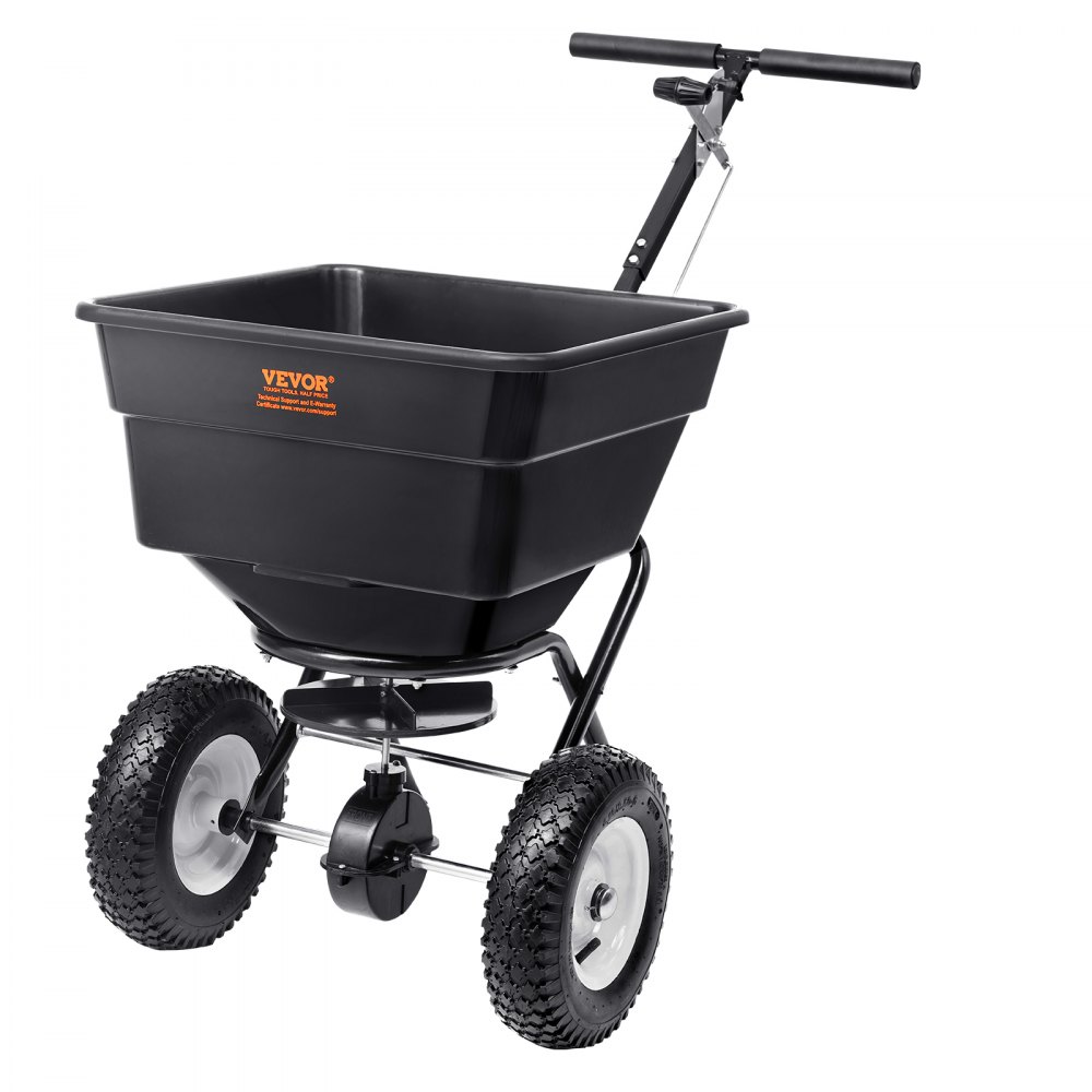 VEVOR Broadcast Spreader, 100 LB Walk-Behind Turf Spreader with 12" Wheels, Steel Push Fertilizer Spreader, Garden Seeder, and Salt Spreader, Designed for Residential, Farm, and Tough Terrain, Black - TCSBJ100LBS1WL1XGV0
