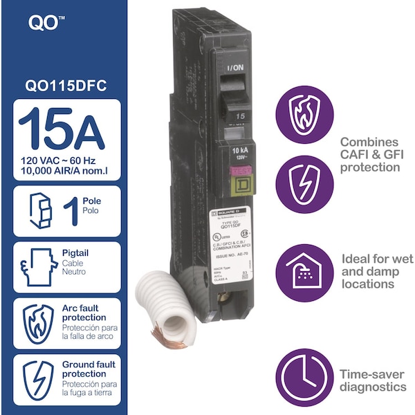 Square D Miniature Circuit Breaker, QO Series, 15A, 1 Pole, 120V AC, 10kA at 120V AC - QO115DFC
