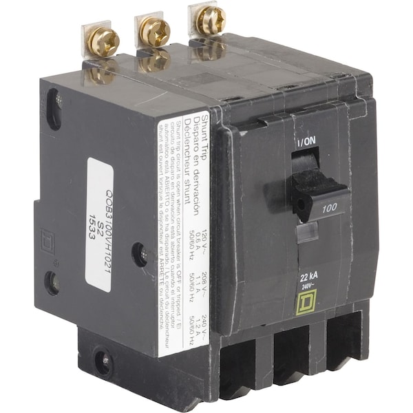 Square D Miniature Circuit Breaker, QOB Series, 100A, 3 Pole, 120/240V AC, 22kA at 120/240V AC - QOB3100VH1021