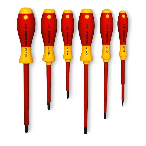 Wiha Insulated Screwdriver Set, Slotted/Phillips Tip, Alloy Steel with Cushion Grip, 6-Piece - 32092