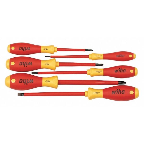 Wiha Insulated Screwdriver Set, Slotted/Phillips Tip, Alloy Steel with Cushion Grip, 6-Piece - 32092