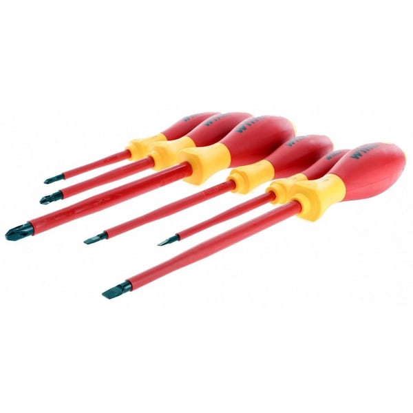Wiha Insulated Screwdriver Set, Slotted/Phillips Tip, Alloy Steel with Cushion Grip, 6-Piece - 32092
