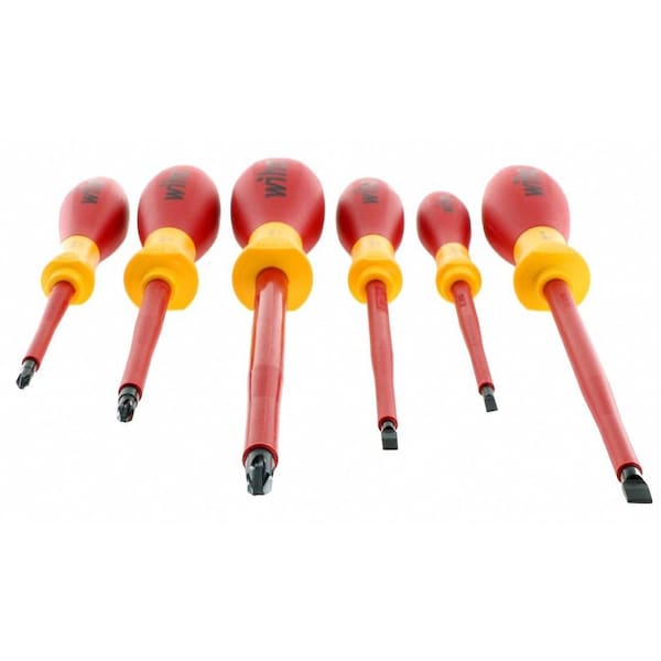 Wiha Insulated Screwdriver Set, Slotted/Phillips Tip, Alloy Steel with Cushion Grip, 6-Piece - 32092