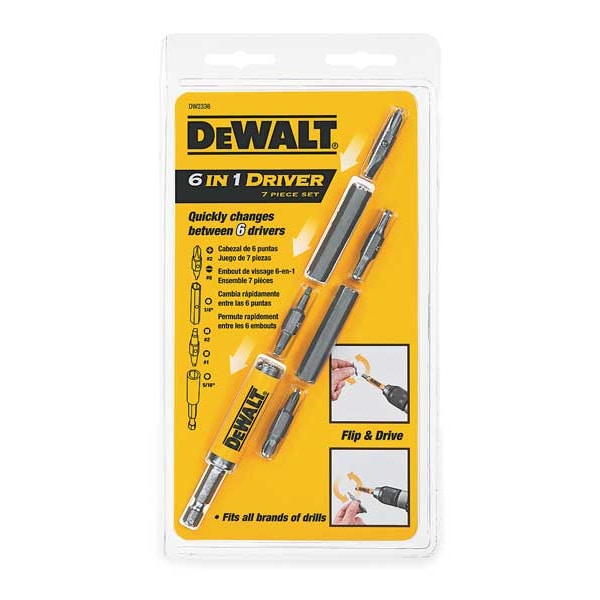 Dewalt 7PC 6 IN 1 DRIVER #15Tx/#20Tx, Ph#1/PhSq, #2PH/#8SL, #2SQ/#1SQ (2) 1/4" Nutsetter, 5/16" Nutsetter - DW2336