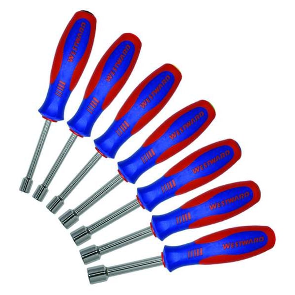 Westward Hollow Shank Nut Driver Set, 3 in Shank, Ergonomic, SAE, Nonmagnetic, 7-Piece - 401L17
