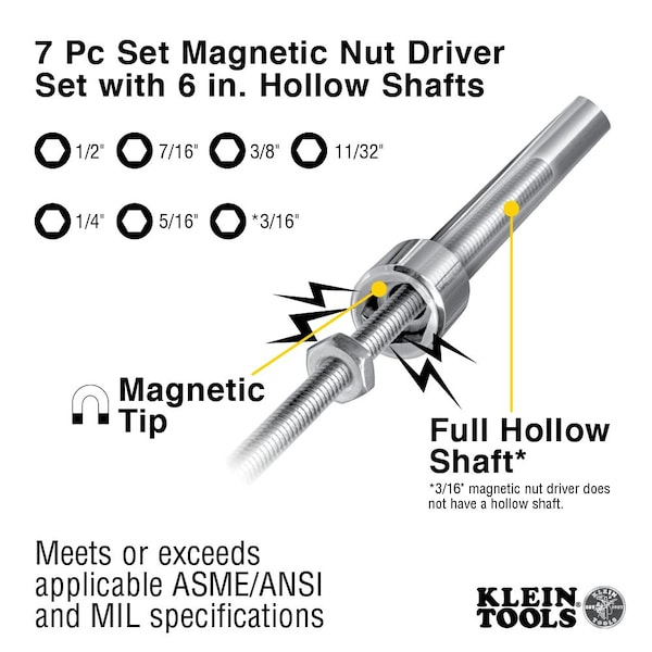 Klein Tools Nut Driver Set, Magnetic Nut Drivers, 6-Inch Shafts, 7-Piece - 647M