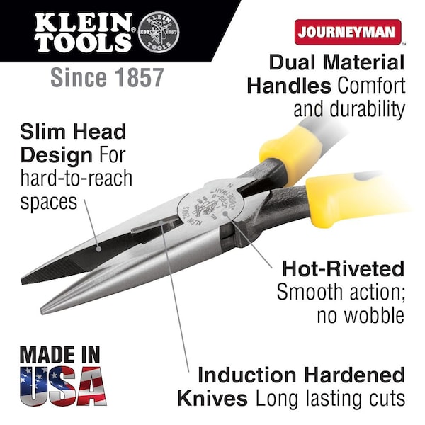 Klein Tools 8 9/16 in J203 Needle Nose Plier, Side Cutter Plastic Dipped Handle - J203-8