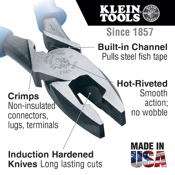 Klein Tools 9 1/2 in 2000(TM) Linemans Plier High Leverage w/ Fish Tape Puller, Wire Crimper, Steel - J2000-9NECRTP