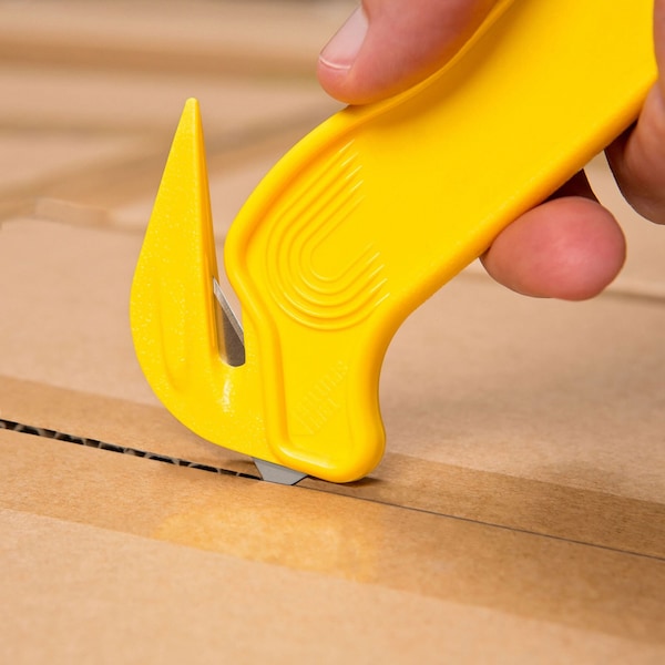 Pacific Handy Cutter Hook-Style Film Cutter, 6 1/2 in L, Straight Fixed Steel Blade, Ergonomic Plastic Handle, Yellow - DFC-364