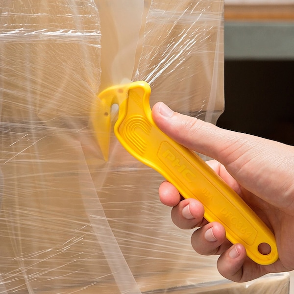 Pacific Handy Cutter Hook-Style Film Cutter, 6 1/2 in L, Straight Fixed Steel Blade, Ergonomic Plastic Handle, Yellow - DFC-364