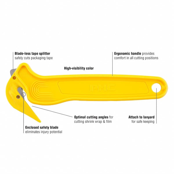 Pacific Handy Cutter Hook-Style Film Cutter, 6 1/2 in L, Straight Fixed Steel Blade, Ergonomic Plastic Handle, Yellow - DFC-364
