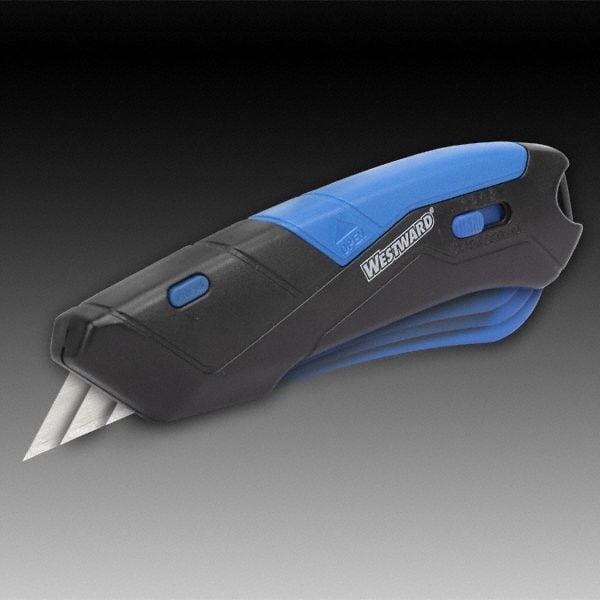 Westward Safety Knife, Self-Retracting, Multipurpose, Straight Steel Blade, Plastic Handle, Blue/Black - 22XP79