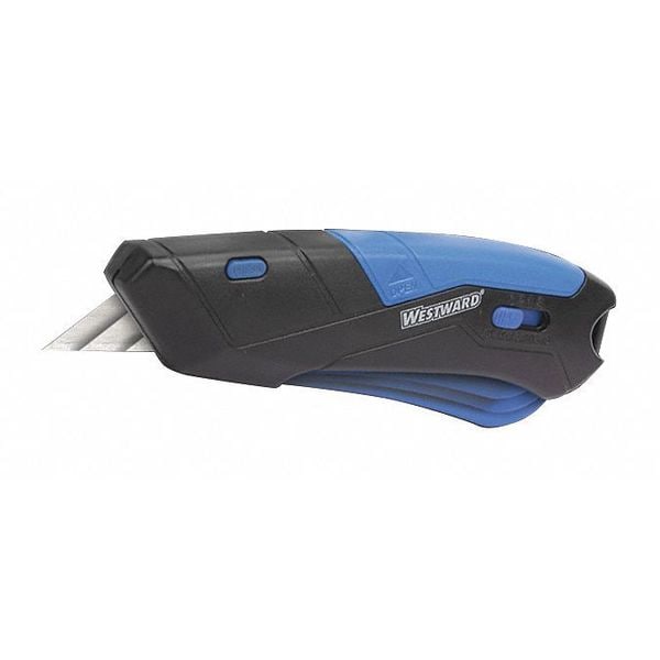 Westward Safety Knife, Self-Retracting, Multipurpose, Straight Steel Blade, Plastic Handle, Blue/Black - 22XP79