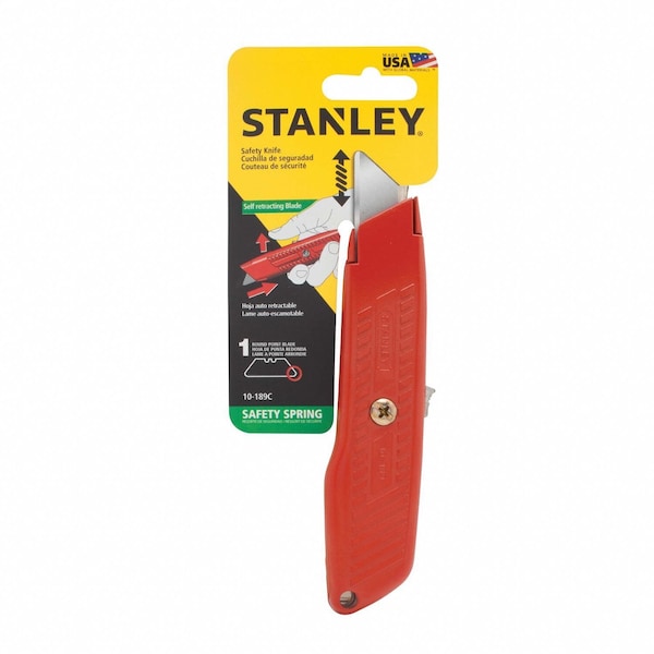 Stanley Safety Knife, Self-Retracting, 5 7/8 in L, Rounded Steel Safety Blade, General Purpose, Orange - 10-189C