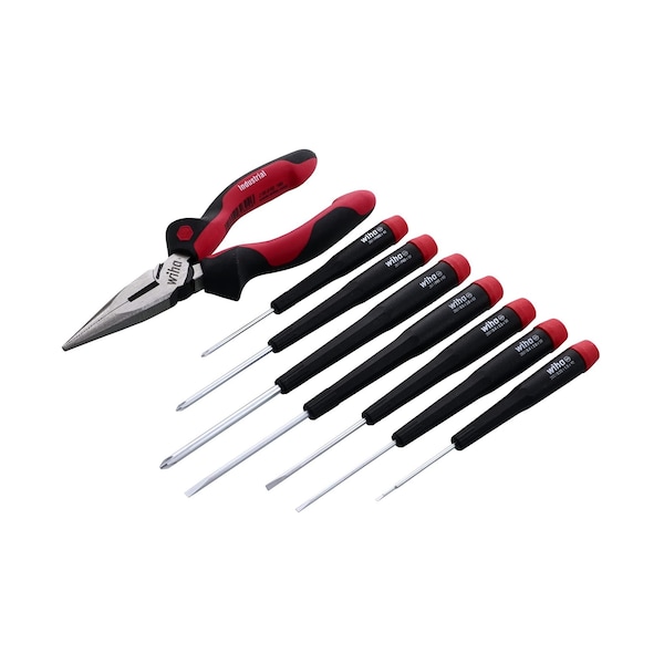 Wiha Slotted and Phillips Screwdriver Set with Professional 6.3-in. Long Nose Pliers, 8 Piece - 26190