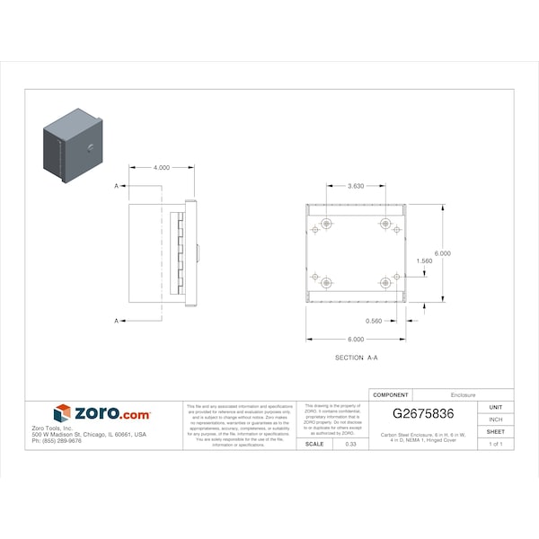 Wiegmann Carbon Steel Electrical Enclosures, 6 in H, 4 in D, 6 in W, NEMA 1, Hinged - N1C060604