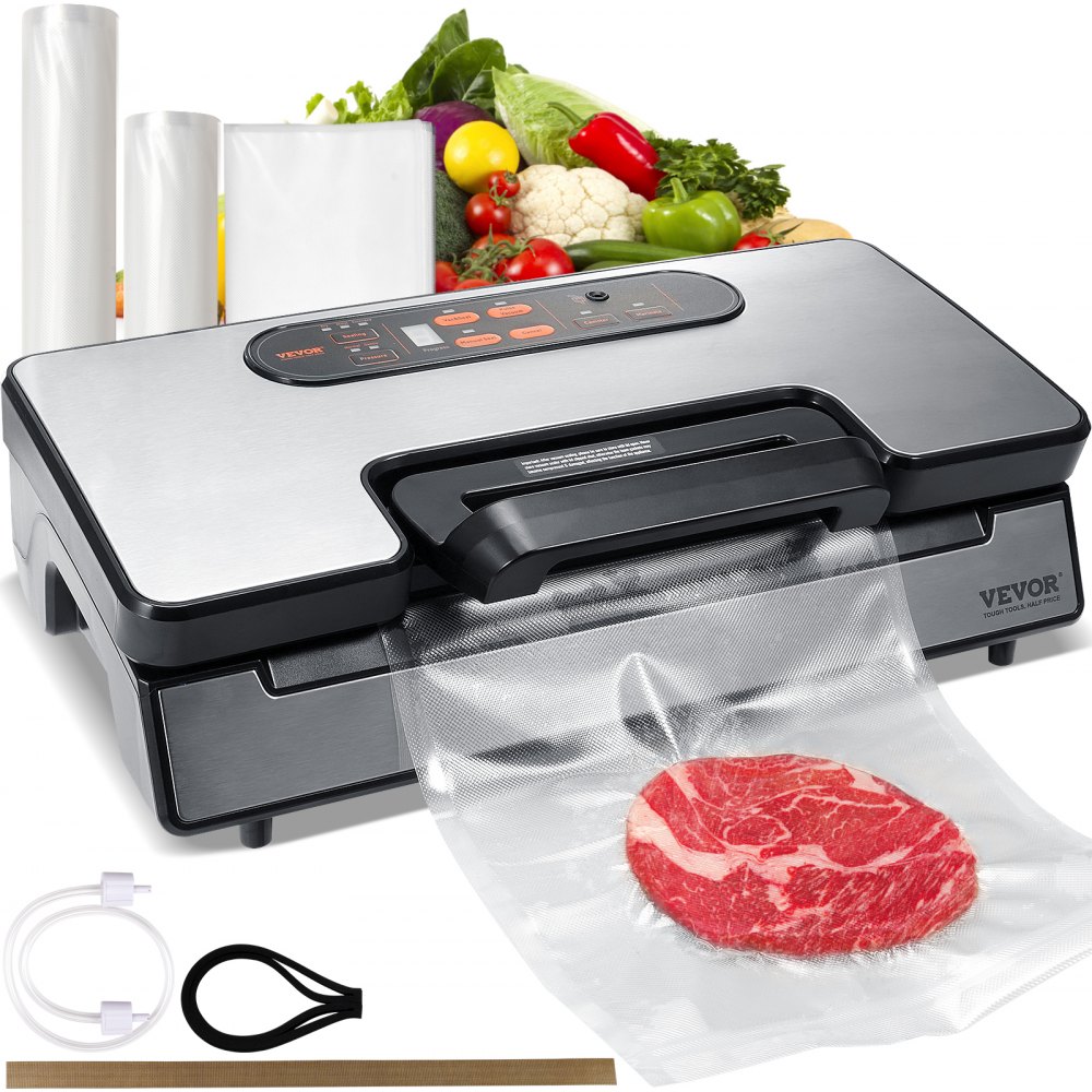 VEVOR Vacuum Sealer Machine, 90Kpa 130W Powerful Dual Pump and Dual Sealing, Dry and Moist Food Storage, Automatic and Manual Air Sealing System with Built-in Cutter, with Seal Bag and External Hose - SYJZKFKJTSSB35KV5V1