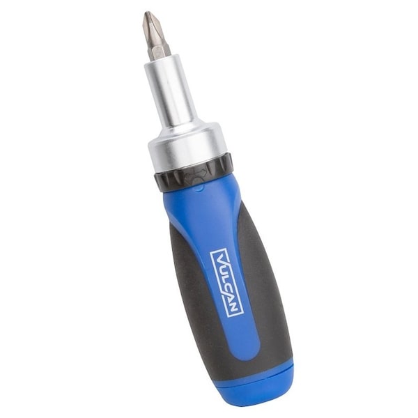 Vulcan Screwdriver Ratchet, #0, #1, #2, 3/16, 1/4 in Drive, Philips & Slotted Drive, 4-1/2 in OAL, Plastic Handle - 900063