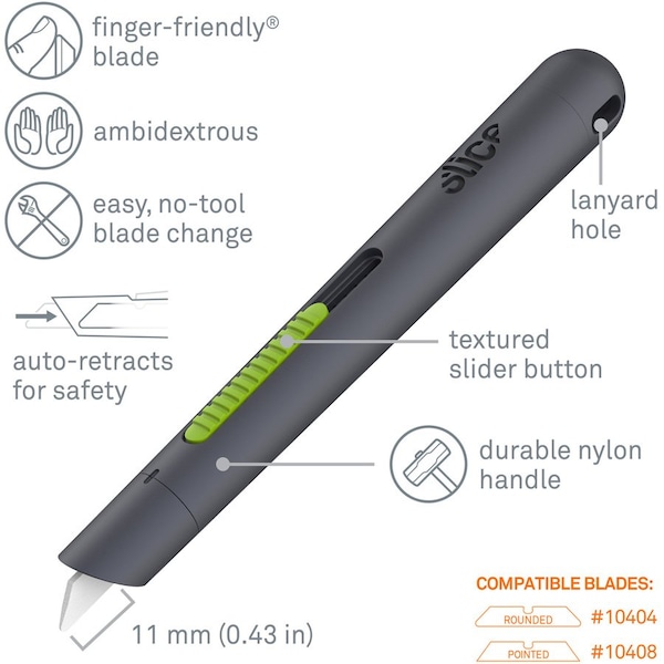 Slice Pen Cutter w/Retract Blade, 5/8"x5/8"x5-1/8", Gray - SLI10512