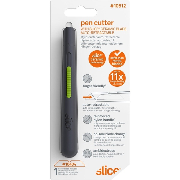 Slice Pen Cutter w/Retract Blade, 5/8"x5/8"x5-1/8", Gray - SLI10512