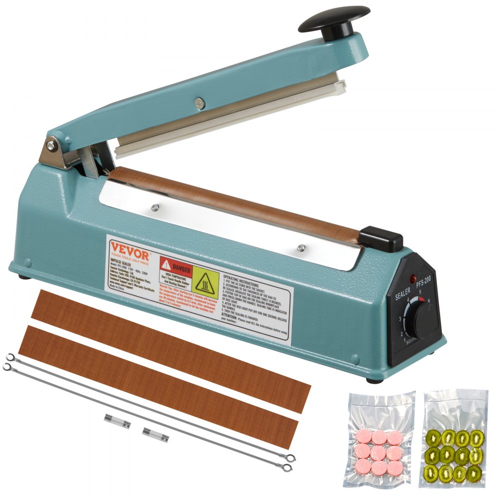 VEVOR Impulse Sealer 8 inch, Manual Heat Seal Machine with Adjustable Heating Mode, Iron Shrink Wrap Bag Sealers for Plastic Mylar PE PP Bags, Portable Poly Bag Sealing Machine with Extra Replace Kit - ZDSFKJTQ8INCSVFDUV5