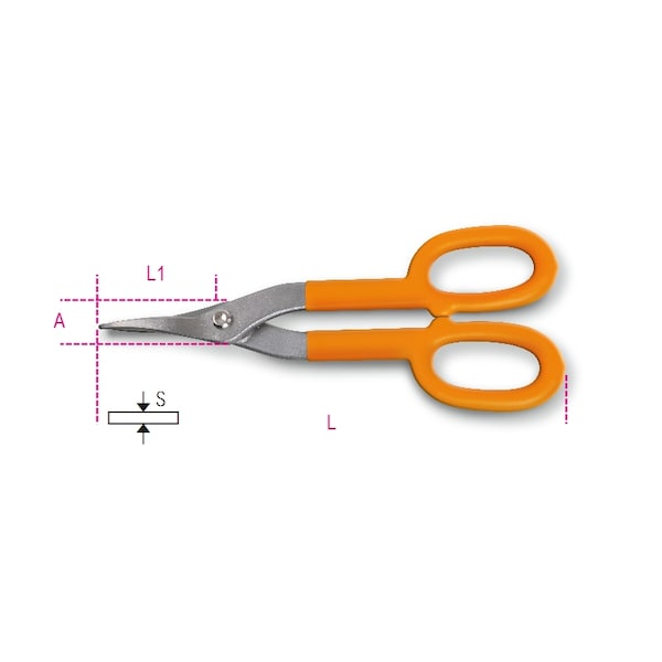 Beta 1114 Tin Snips Straight Narrow Blades, 250mm OAL, 25mm Jaw Length, 15mm Jaw Width - 011140265
