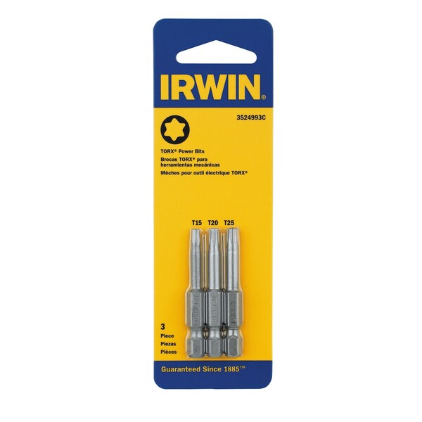 Irwin Power Bit Set, 3 Piece, T15, T20 and T25 Torx, 1-15/16" Long, 1/4" Hex Shank with Groove, Carded - IWAF122TX3