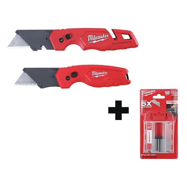 Milwaukee Tool Folding Utility Knife Set, 7 in L + 50 General Purpose Utility Blades w/ Dispenser - 48-22-1503, 48-22-1950