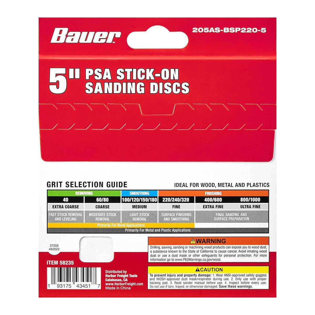 Discos de Lija Bauer de 5 pulgadas, 220 Granos con Adhesivo PSA y Grano de Alúmina de Circonio, Paquete de 5 - 58235