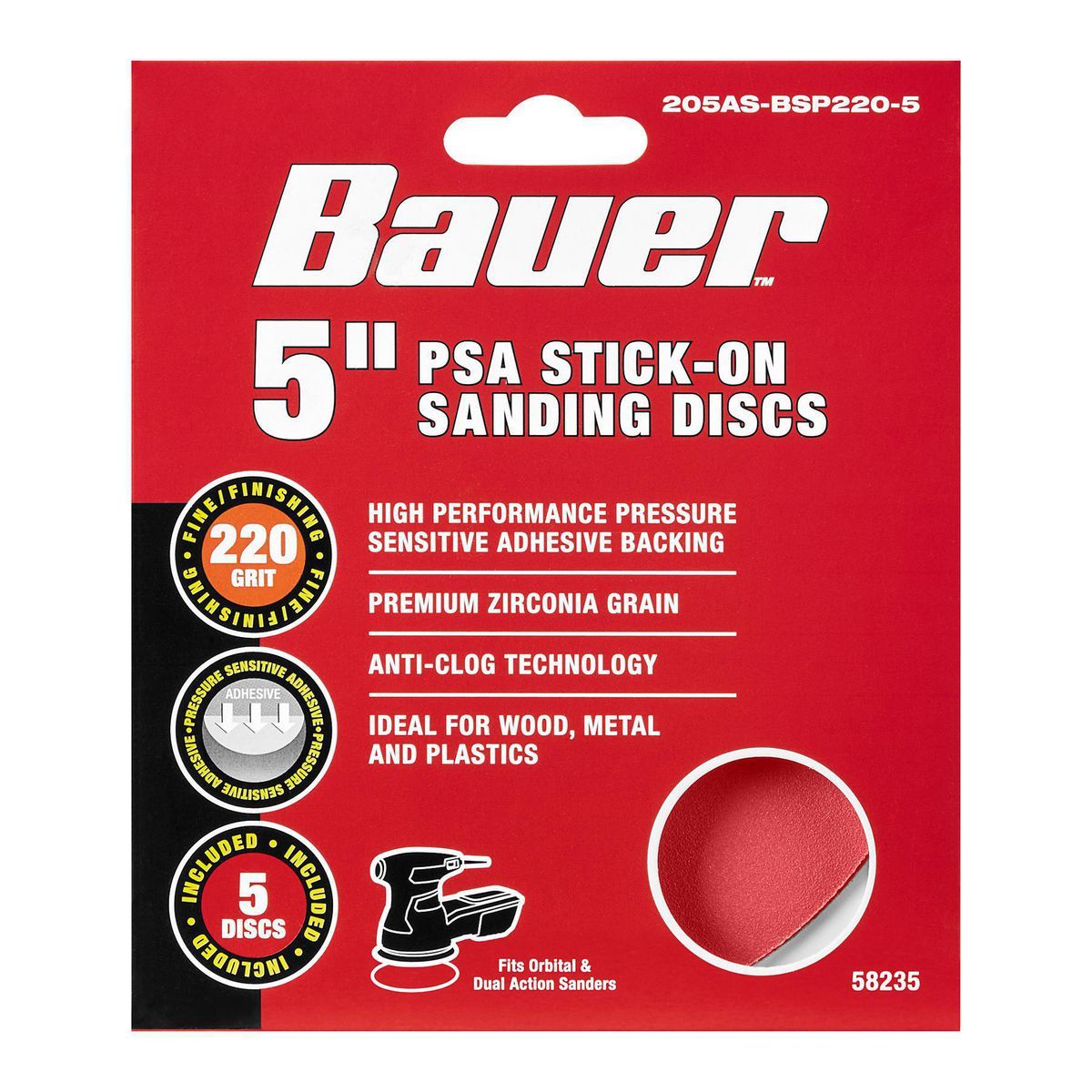 Discos de Lija Bauer de 5 pulgadas, 220 Granos con Adhesivo PSA y Grano de Alúmina de Circonio, Paquete de 5 - 58235