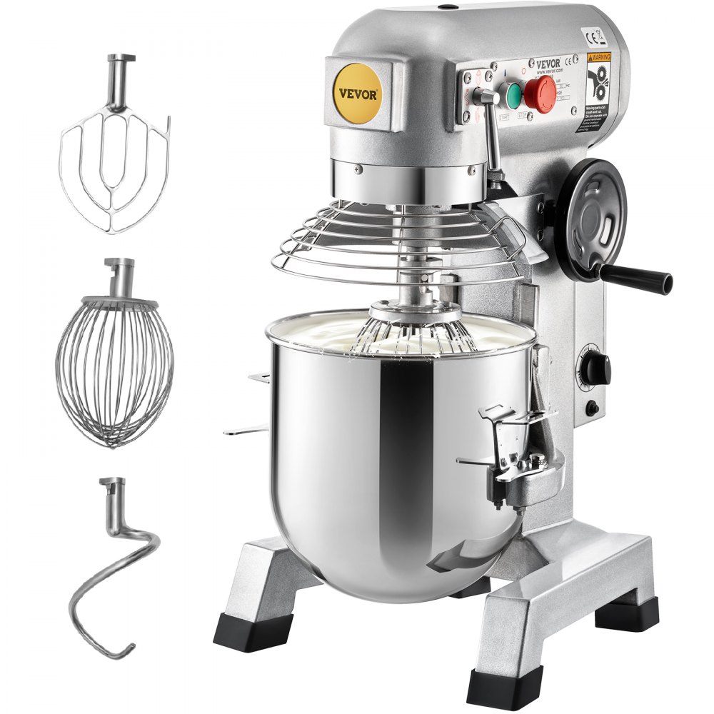 VEVOR Commercial Food Mixer, 20Qt Commercial Mixer with Timing Function, 750W Stainless Steel Bowl Heavy Duty Electric Food Mixer Commercial with 3 Speeds Adjustable 108/199/382 RPM, Dough Hook Whisk Beater Included, Perfect for Bakery Pizzeria - DDSYJ20QT110VE0QGV1