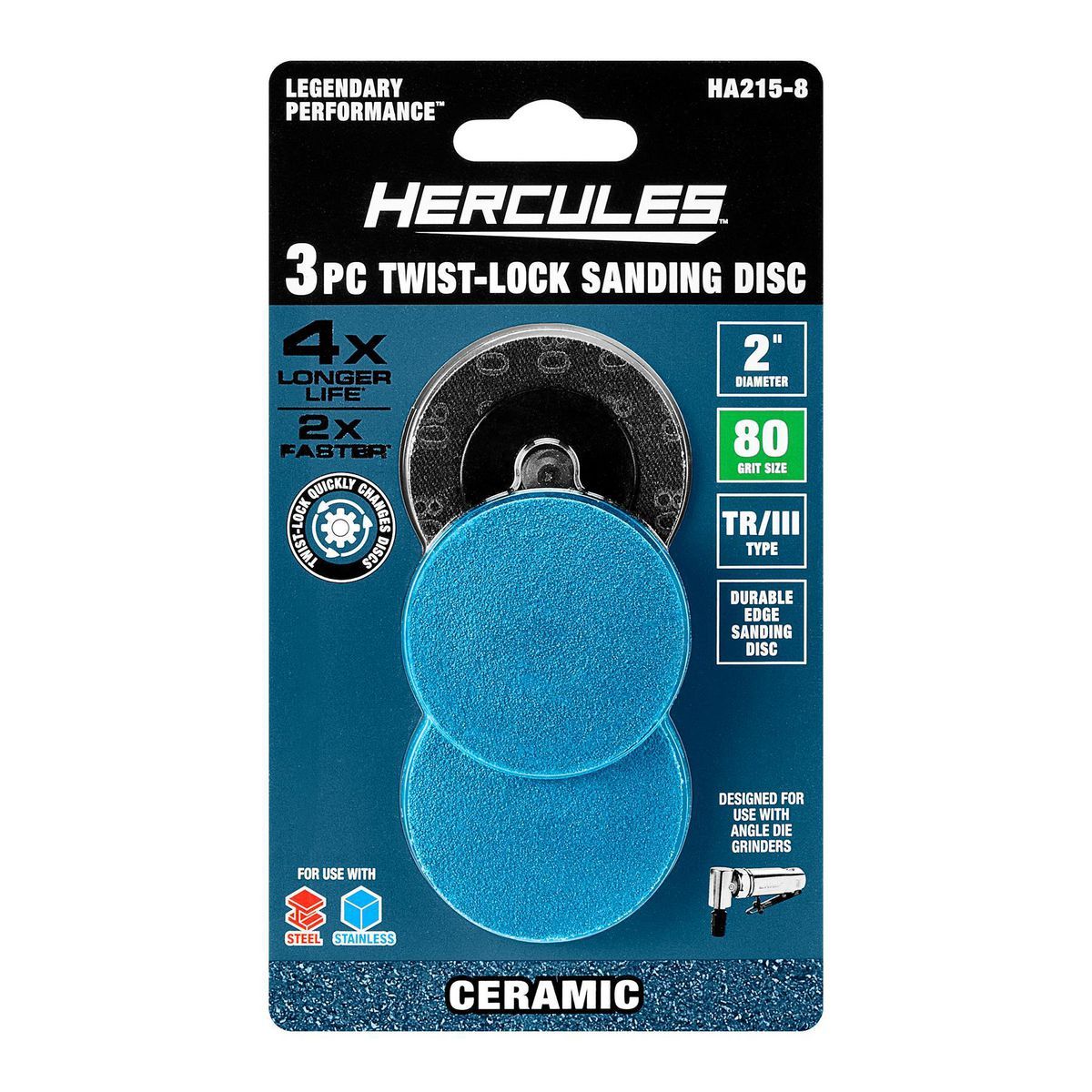 Hércules 2 pulgadas 80 Granos Discos de Lijado Twist-Lock Tipo TR/III con Grano de Alúmina Cerámica, Paquete de 3 - 58401