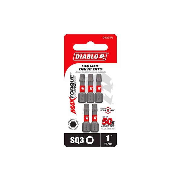 Diablo Square #3 X 1 in. L SQ3 Driver Bit Black Oxide 5 pk - DSQ31P5