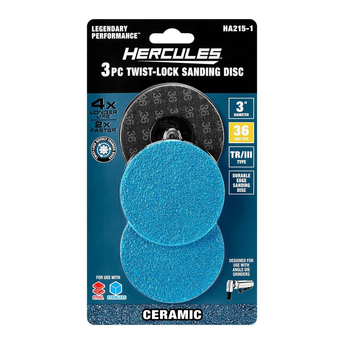 Hércules 3 pulgadas 36 grano Discos de Lijado Twist-Lock Tipo TR/III con Grano de Alúmina Cerámica, Paquete de 3 - 58402