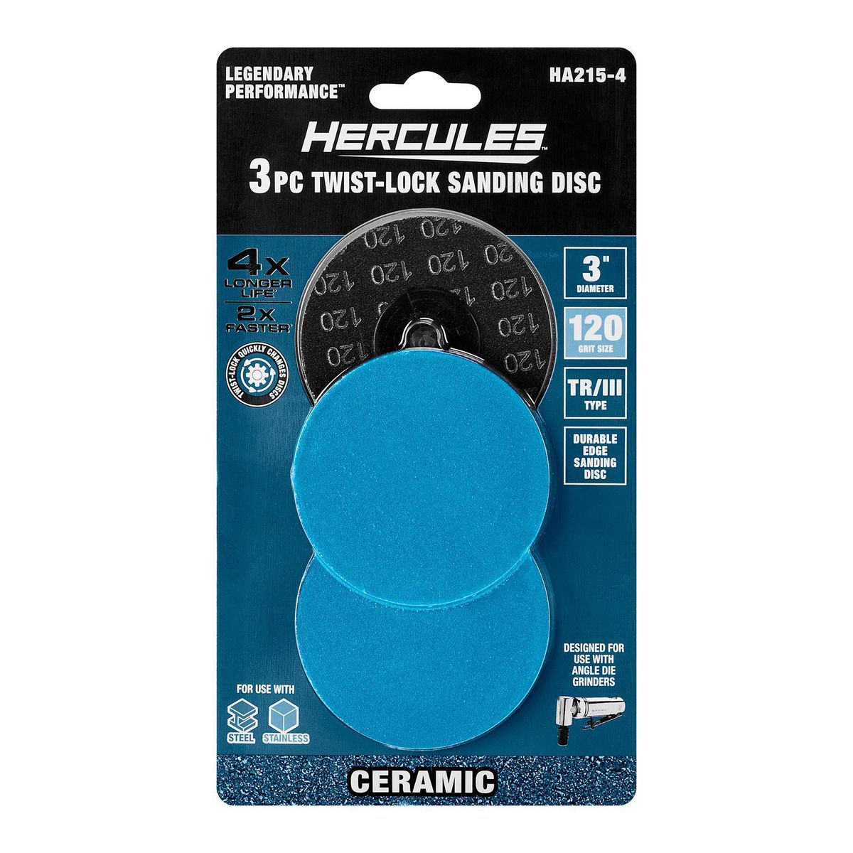 Hércules 3 pulgadas 120 granos Discos de Lijado Twist-Lock Tipo TR/III con Grano de Alúmina Cerámica, Paquete de 3 - 58631