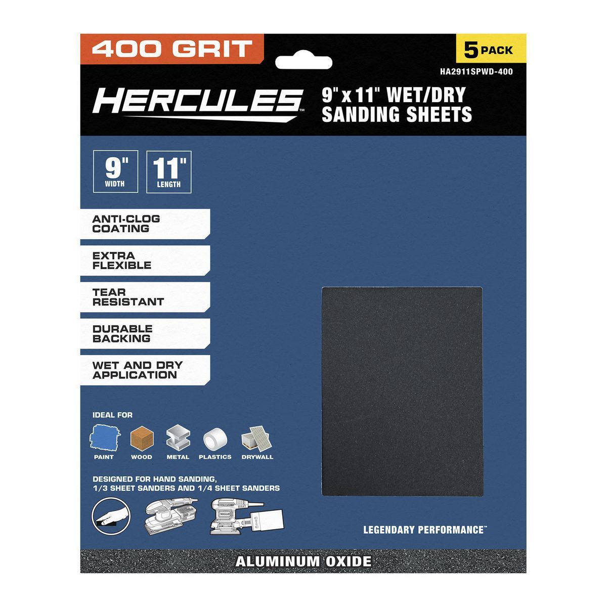 Hoja de lijado húmedo/seco Hercules de 9 pulgadas x 11 pulgadas, grano de óxido de aluminio 400, paquete de 5 - 58440