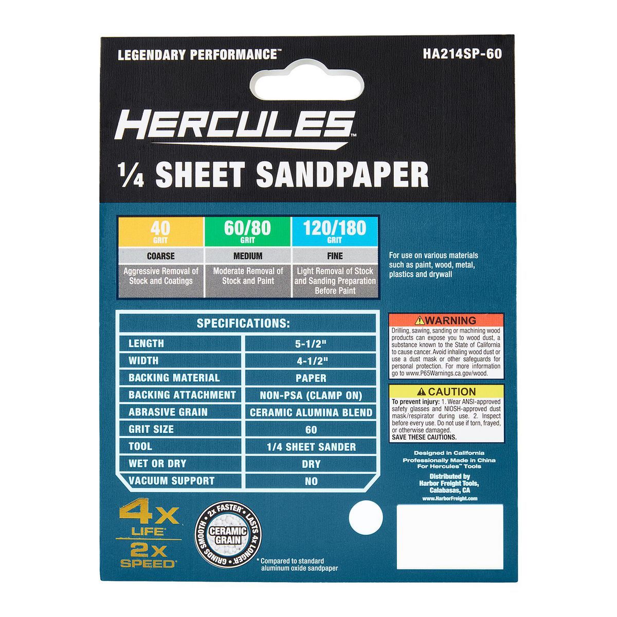 Hércules 4-1/2 in. x 5-1/2 in. 60 Grit 1/4 Hoja de Lija con Grano de Alúmina Cerámica, Paquete de 5 - 58136