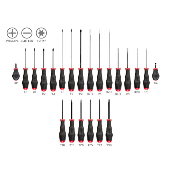 Tekton High-Torque Screwdriver Set, 22-Piece (#0-#3, 1/8-5/16 in., T10-T30) - DRV45001